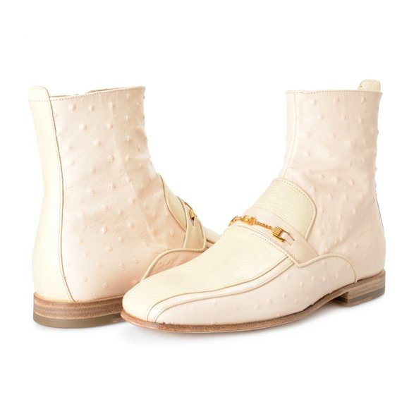 Versace Men Beige Ostrich Skin Leather Ankle Boots